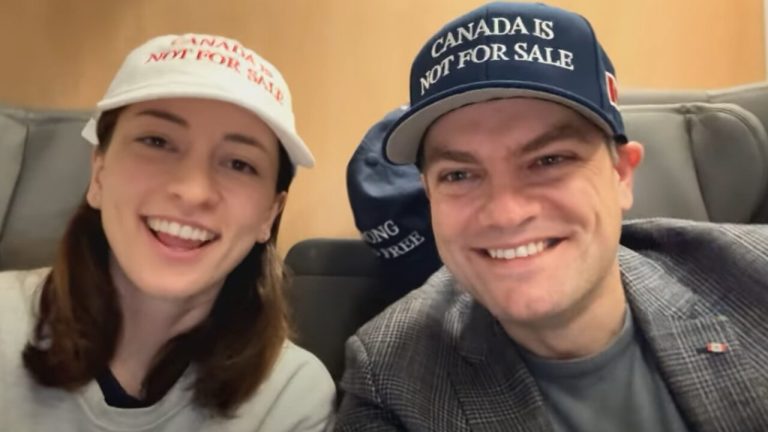 Emma Cochrane and Liam Mooney, co-founders of Jackpine's "Canada Is Not For Sale" hats.